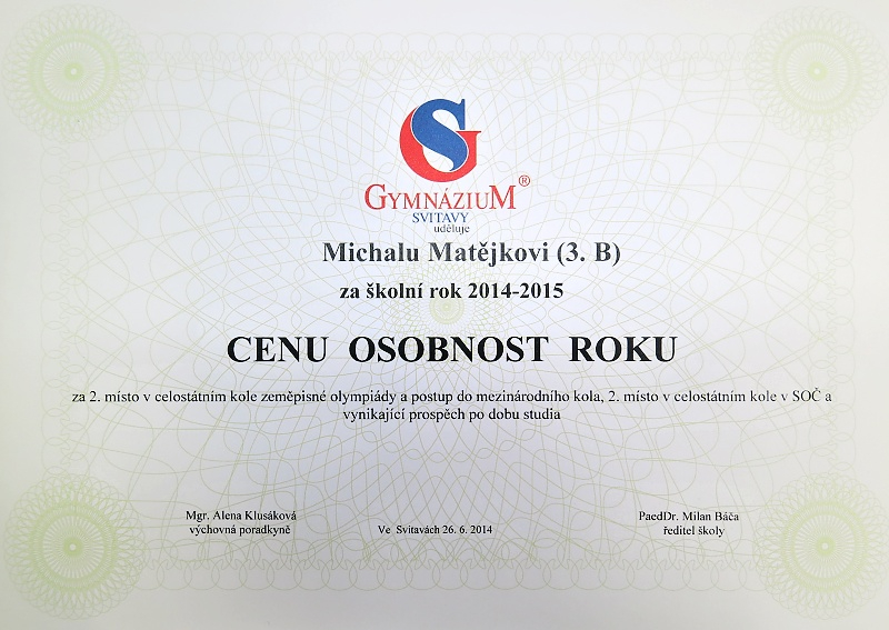 M. MatÄ›jka osobnostà roku 2014-2015 (Å¡kolnà ocenÄ›nÃ)