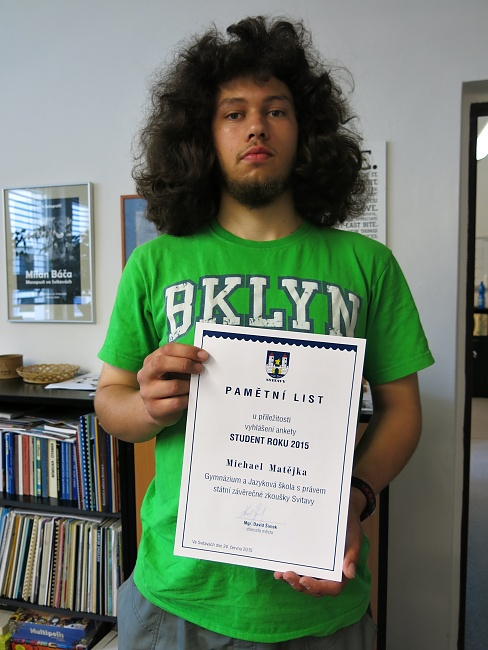 M. MatÄ›jka zÃskal ocenÄ›nà Student mÄ›sta Svitavy ve Å¡kolnÃm roce 2014-2015