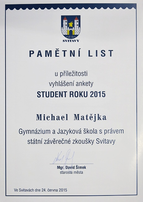 M. MatÄ›jka zÃskal ocenÄ›nà Student mÄ›sta Svitavy ve Å¡kolnÃm roce 2014-2015