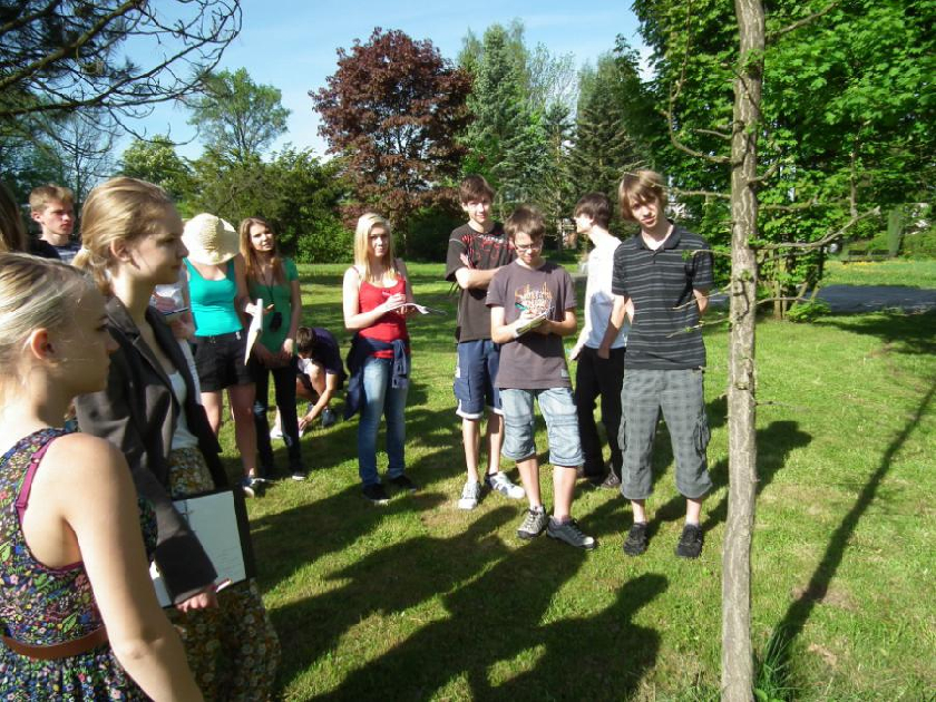 Studenti stojà u jedince jinanu dvoulaloÄnatého, který byl v roce 1997 vysazen v naÅ¡em Å¡kolnÃm arboretu.